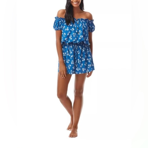 Kate Spade New York Off-The-Shoulder Cover Up Romper Blue White Size Medium - Picture 1 of 6